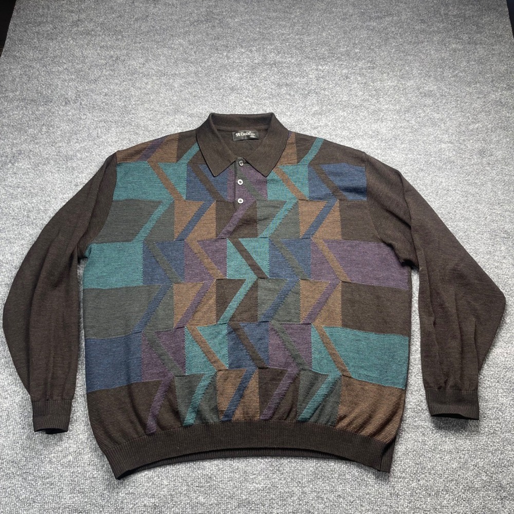 St. Croix Shop Mens XXL Wool Blend Geometric Abstract Knit Polo Sweater Brown